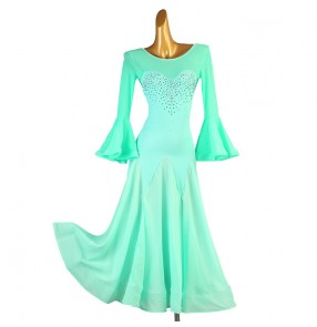 Girls kids mint green colored ballroom dancing dresses for children waltz tango foxtrot smooth dancing long gown with gemstones for kids